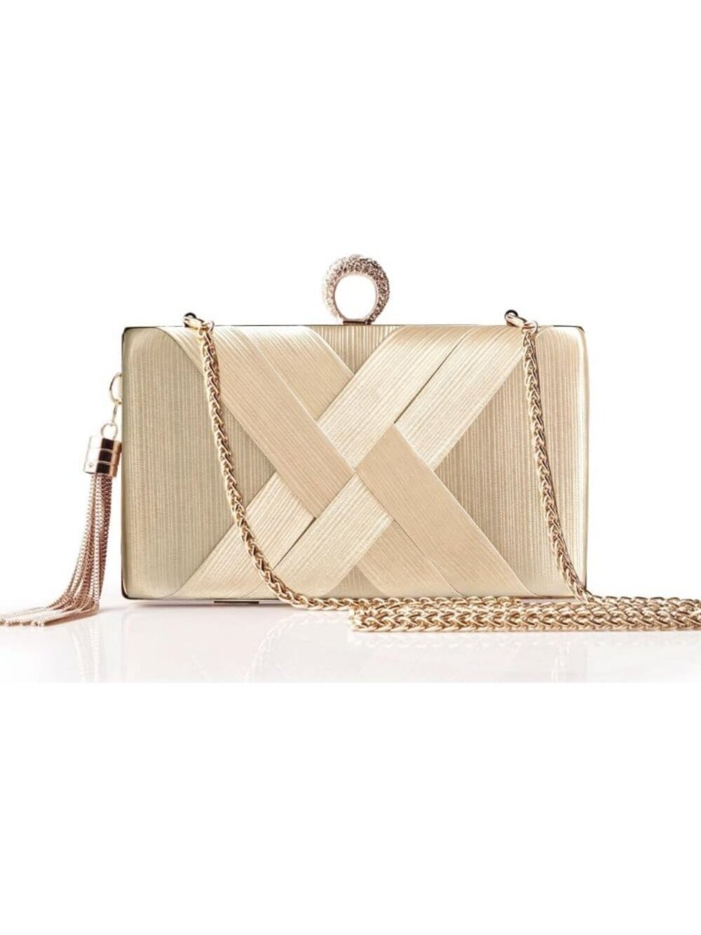 〽️Women Cream Tassel Pendant Classy Exquisite Textured Strap Evening Clutch Bag